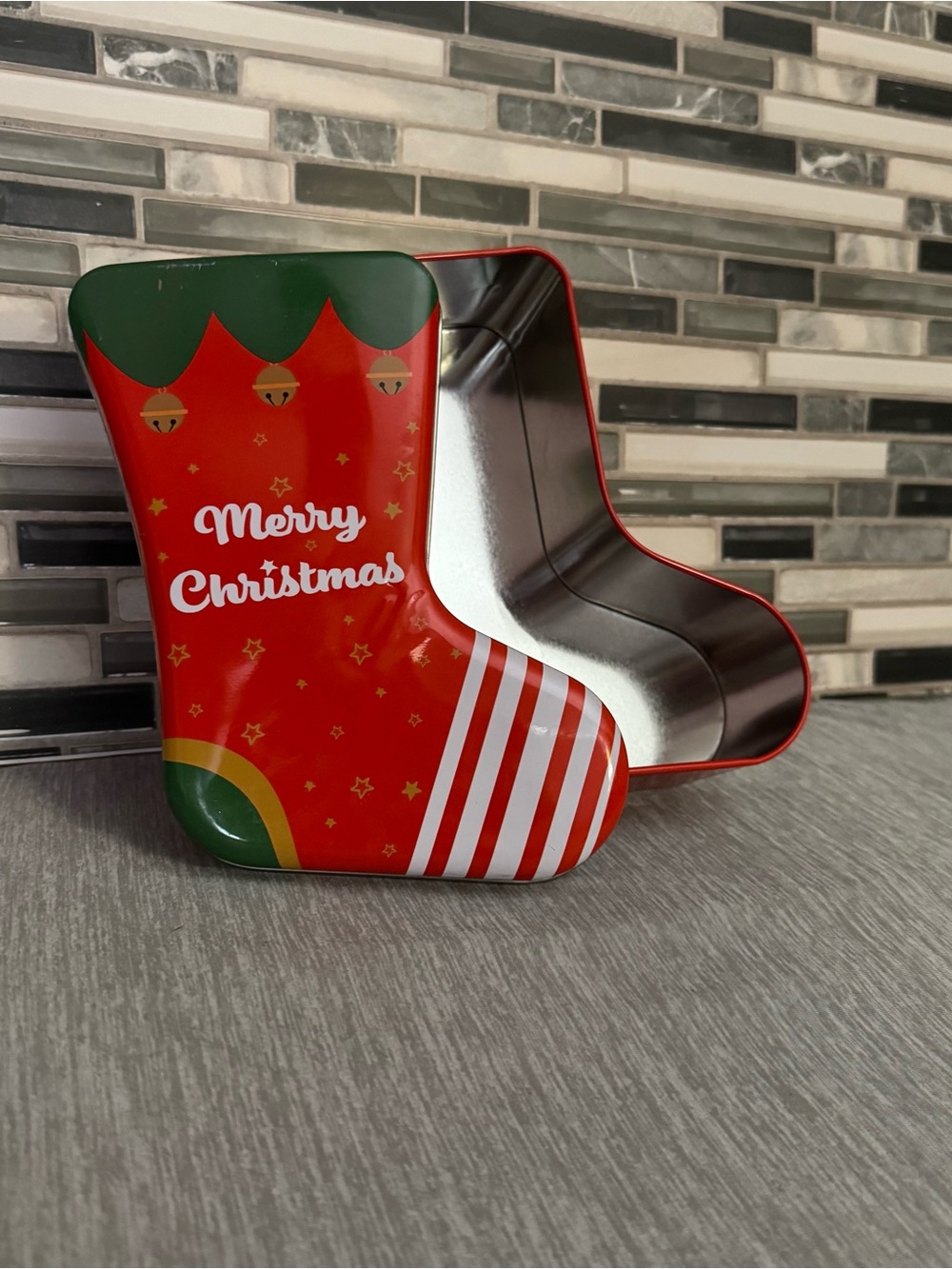 Festive Merry Christmas Stocking Shaped Holiday Treat Decor Tin